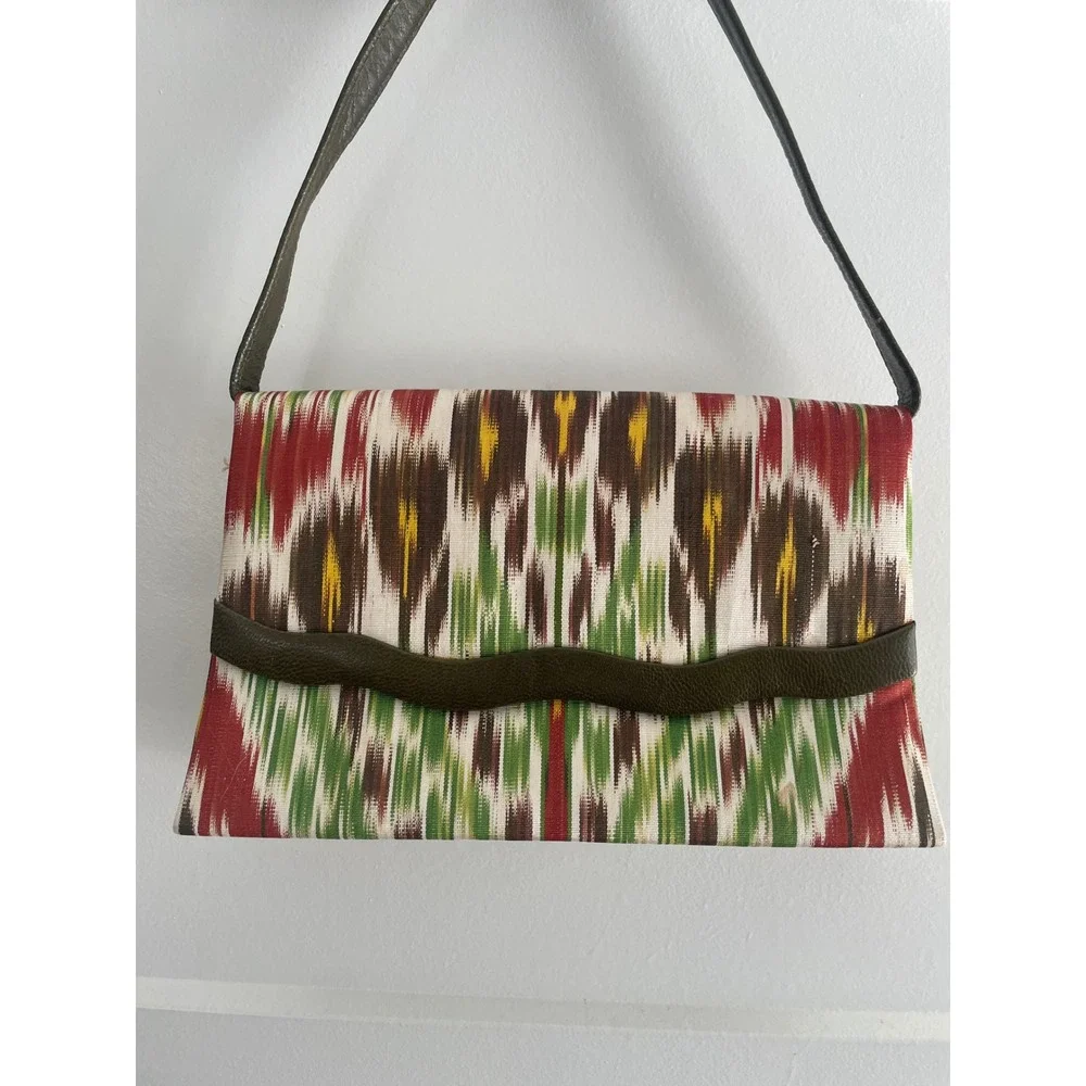 Vintage Ikat Woven Shoulder Bag Multi Color Pattern with Olive Leather Trim